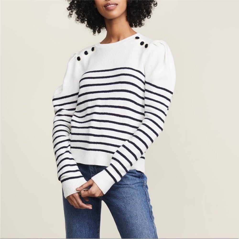 Joie Ruthine Sweater – White with Black Stripes, Button Shoulder Detail, Sz S